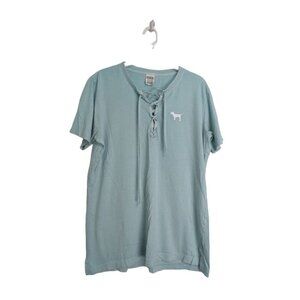 Victoria's Secret Pink Tie V-Neck Short Sleeve Shirt Blue LOVE PINK Women's S